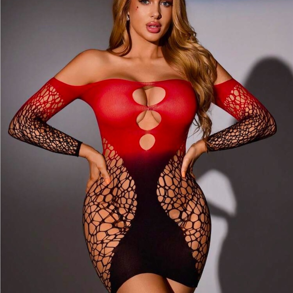 Red to Black Ombre Cutout Fishnet Bodycon Dress lingerie dancer stripper outfit
